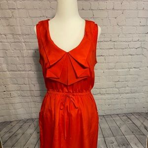 Red mid length summer dress with waistband